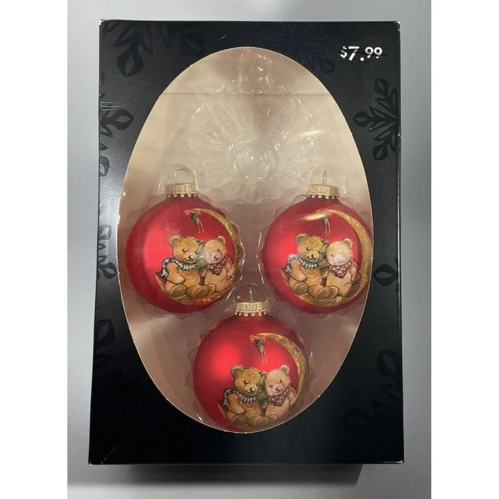 Hobby Lobby Red Glass Teddy‎ Bears Moon Christmas Ornaments Round Balls Set Of 3